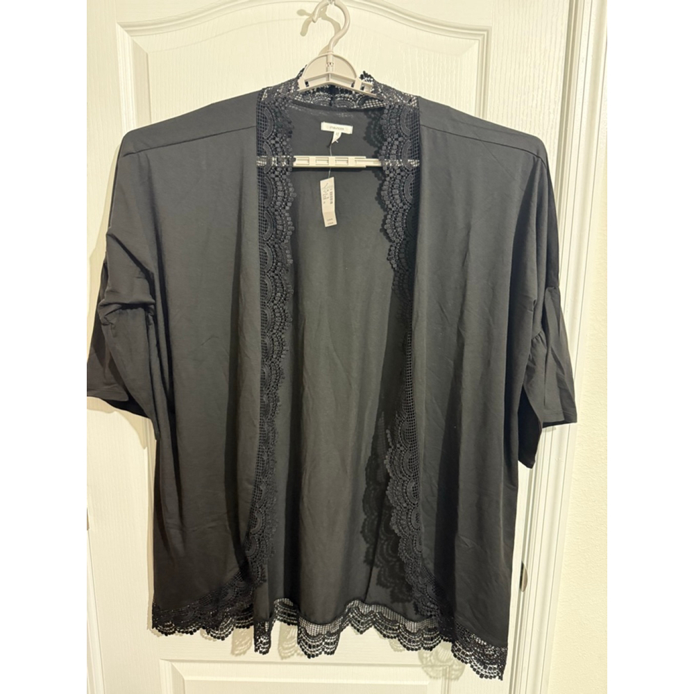 Women's Maurices Black Crochet Trim Curve Hem Kimono 2X